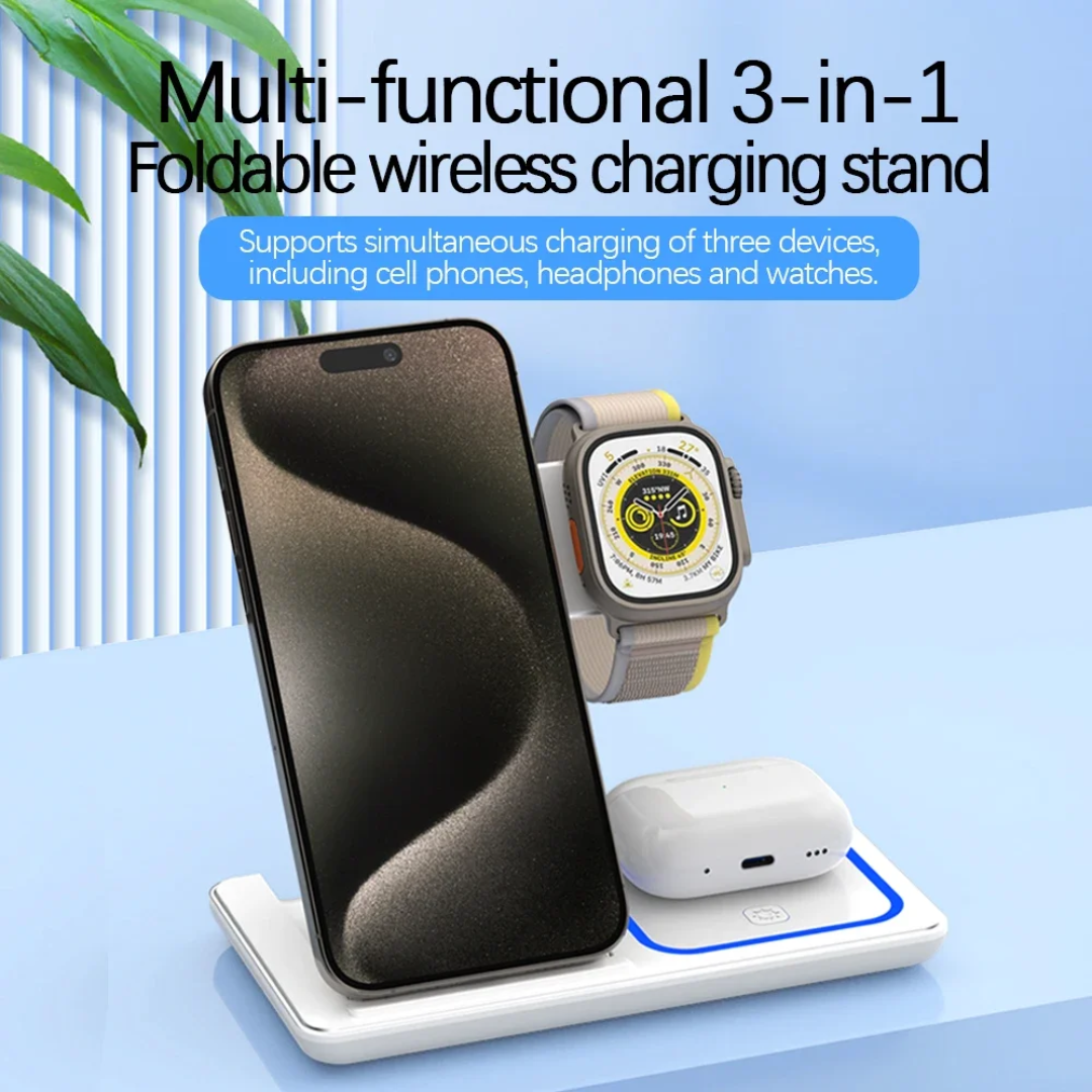 3-in-1 Wireless Charger Foldable Stand for iPhone, Apple Watch, and AirPods – Fast Charging Station